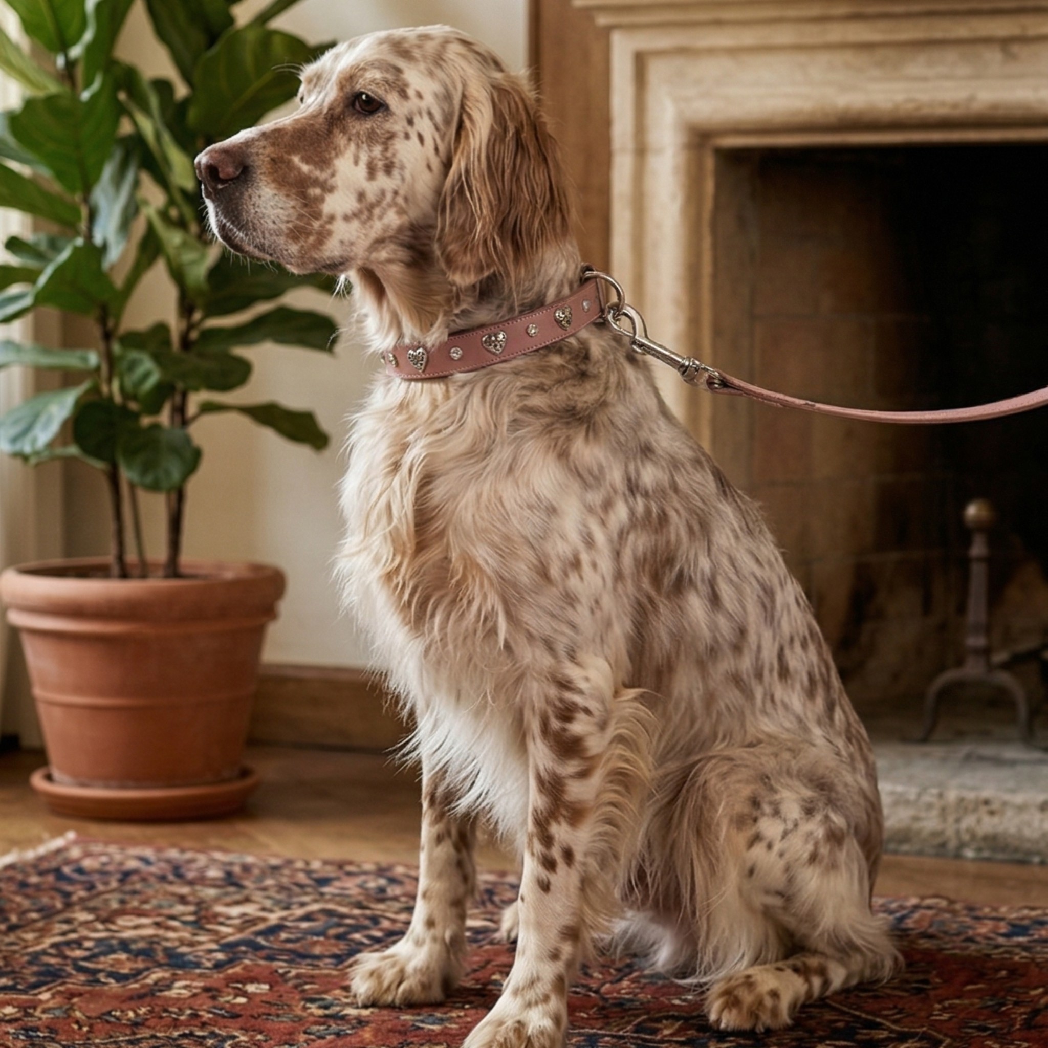 Set Collare con Cristalli e Guinzaglio in Pelle per Cani
